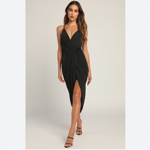 NWT LULUS DREAMY DATE SHIMMER BLACK SURPLICE FRONT SLIT MIDI COCKTAIL DRESS - S - Picture 1 of 9